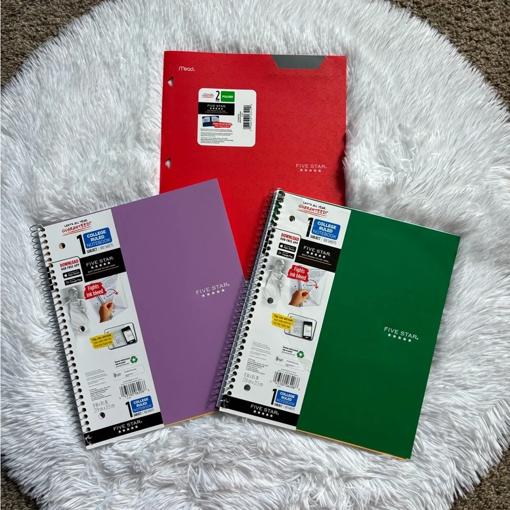 Five‎ Star College Ruled 1 Subject Notebooks Set of 2 & 1 Five Star Folder New